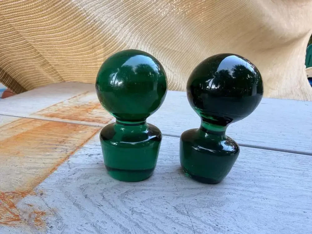 Vintage Green Glass Decanter Stoppers Pair